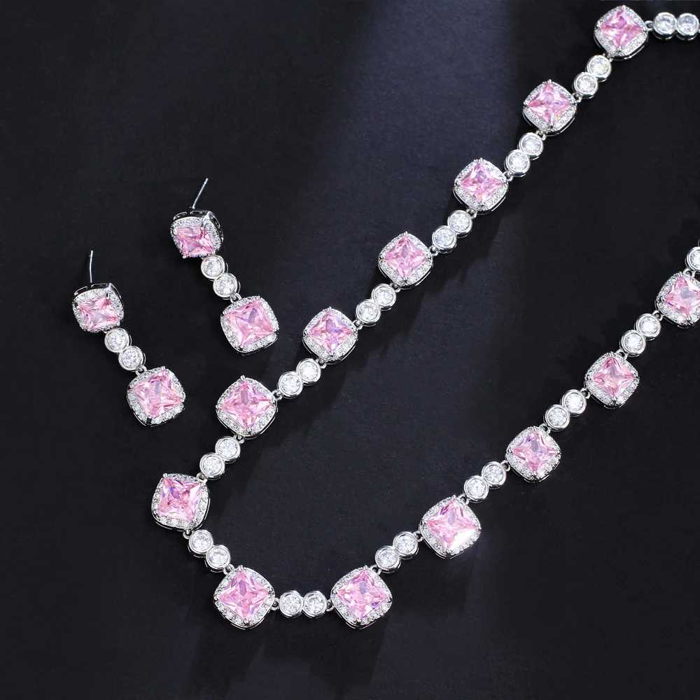 Luxury Jewelry Set Square Cubic Zirconia Necklace and Earring Wedding Bridal Pink Jewelry Sets for Women Party Dress Accessories