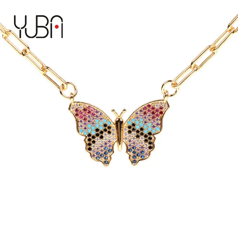 

New Fashion Pave Colored CZ Insect Pendant Necklace Versatile Brass Rectangle Linked Rainbow Zircon Butterfly Pendant Necklace