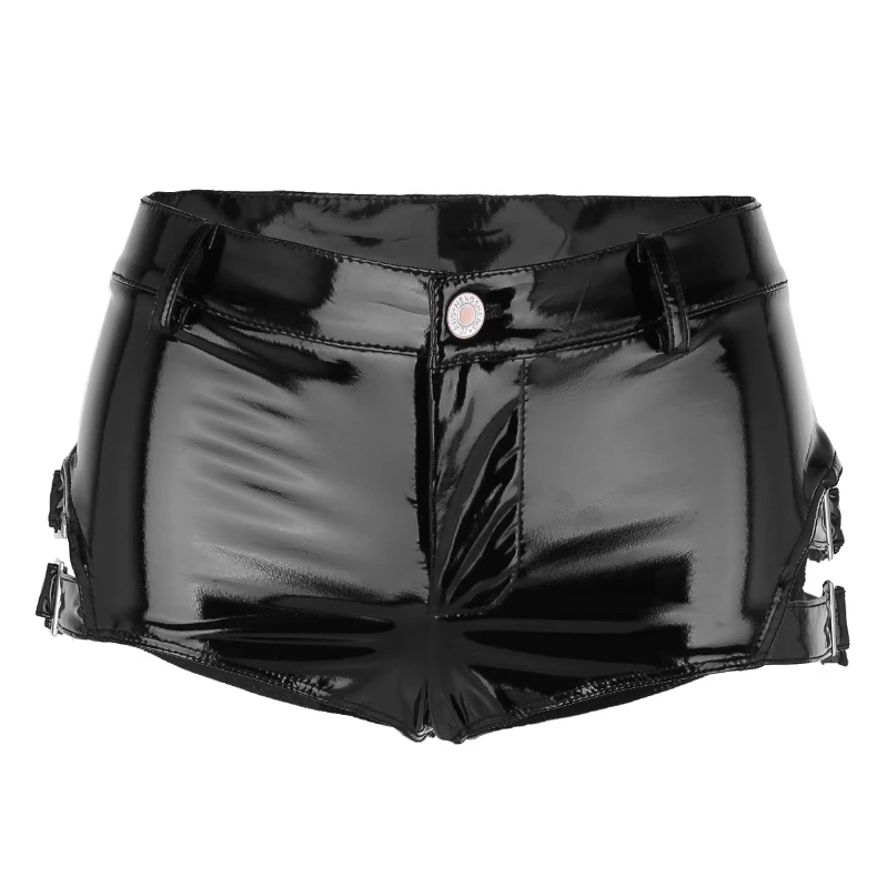 

iEFiEL Women Wet Look Patent Leather Mini Shorts Black Low Rise Hot Pants with Buckles Leather Short Pants for Women