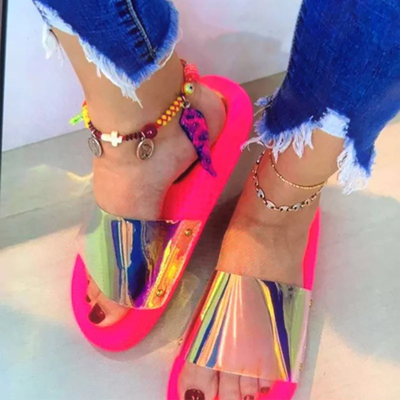 

Summer Candy Color Woman Slippers Transparent Slides Jelly Shoe Woman Bling Sequined Flat Flip Flops Women Beach outdoor Shoes, As pictures