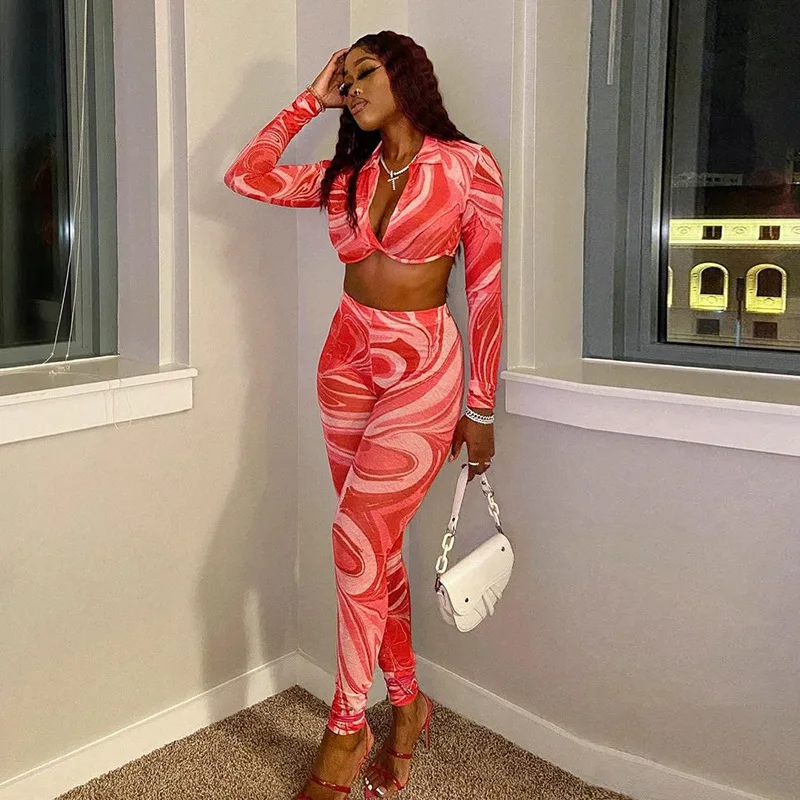 

Autumn 2021 New Printed Suits For Women Set Mesh Tie Dye See Through Two Piece Suit