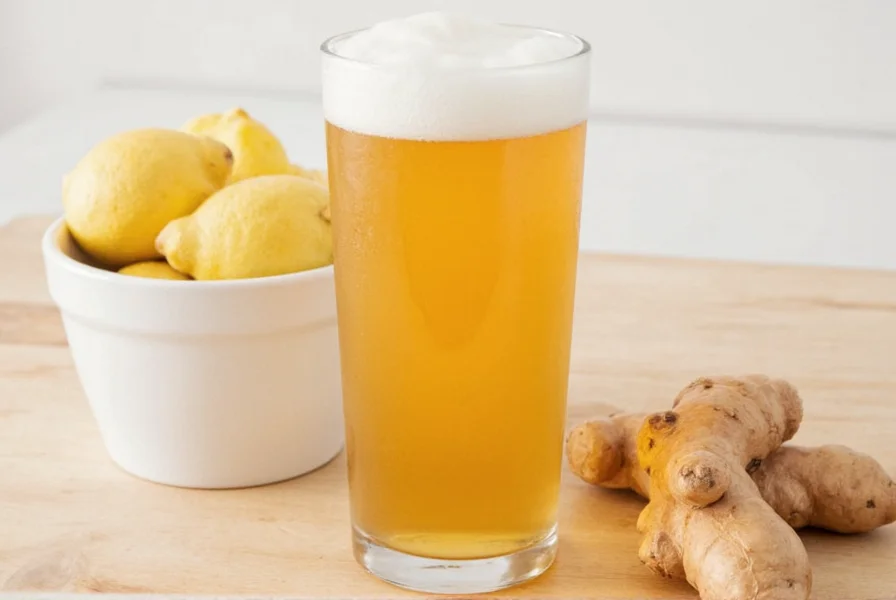 Homemade sugar free ginger beer brewing process with fresh ginger and fermentation bottles