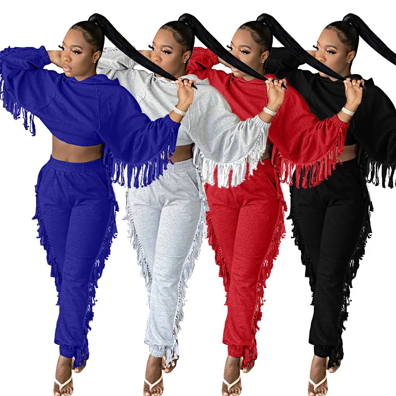 

WW-0956 Autumn and winter hot style tassel midriff bat sleeve hooded fleece suit hoodie sets women clothing casual 2 pieces, Customized color