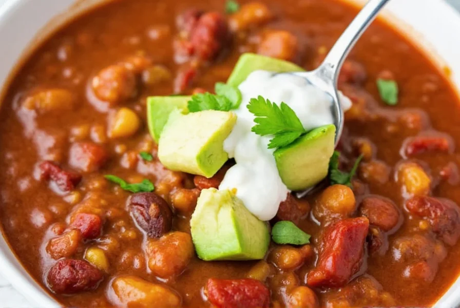 Serving of no carb chili topped with avocado and sour cream
