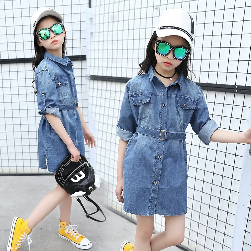 

New arrival toddler girls MD-long denim shirt dress spring autumn new designs baby girls jeans clothing top, Picture