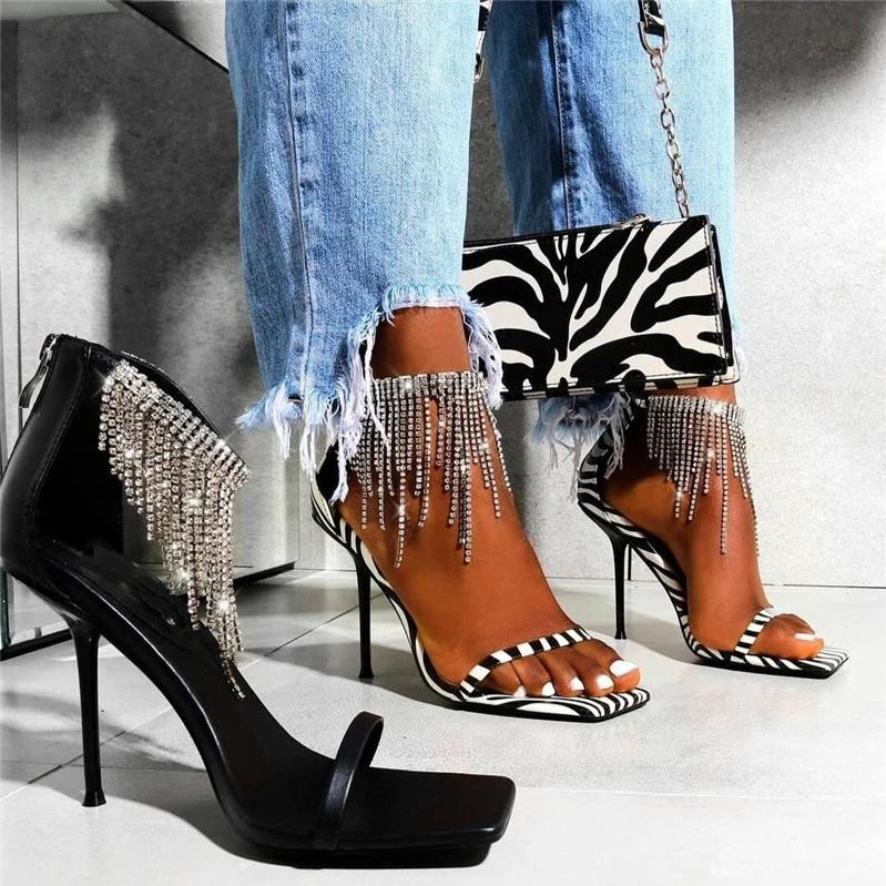 

New Design Crystal Rhinestone Fringe Women Sandals Fashion Zebra Pattern Leather Open Toe Stiletto Heels Ladies Shoes
