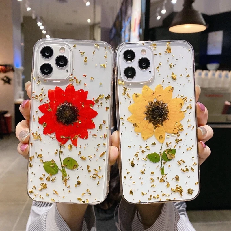 

Sunflower Handmade Real Dried Flower Phone Cases For Iphone 12 Pro MAX 12 Mini 11 XR XS X 8 7 6 Plus Soft TPU Pressed Foil Cover, Multi colors