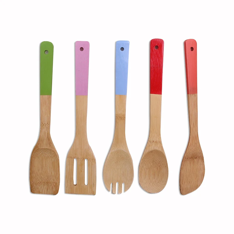 

Bamboo wooden kitchen cooking utensils serving slotted spatula scraper spoon with color long handle, Green/pink/blue/red/orange