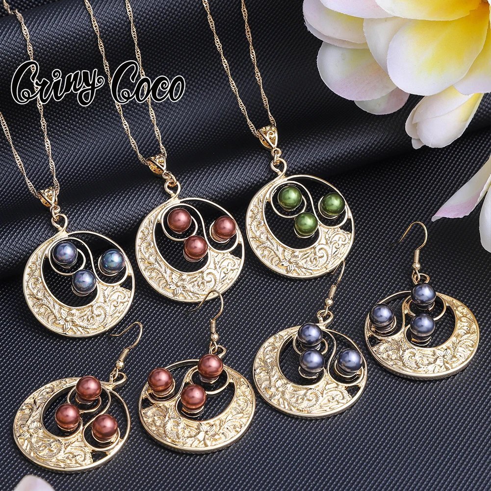 

Cring CoCo Fashion Simplicity 3 Pearls Round Sets Necklace Earrings Polynesian Hawaiian Jewelry Set Wholesale, Picture shows