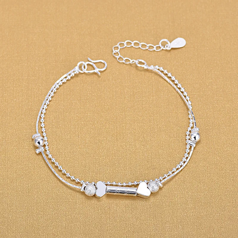 

925 Sterling Silver Handmade Double Layer Chain Heart Beads Bracelets For Women Summer Jewelry