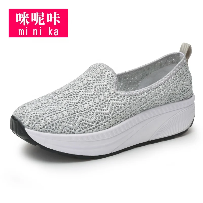 

Minika Women Hollow Out Breathable Outdoor Shoes Women Pig Skin Rubber Pump Mesh Height Increasing Casual Shoes, Pink, grey, black