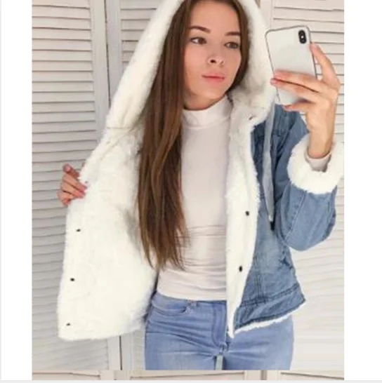

Wholesale New solid color lamb streetwear women denim hoodies Jacket coat plus size