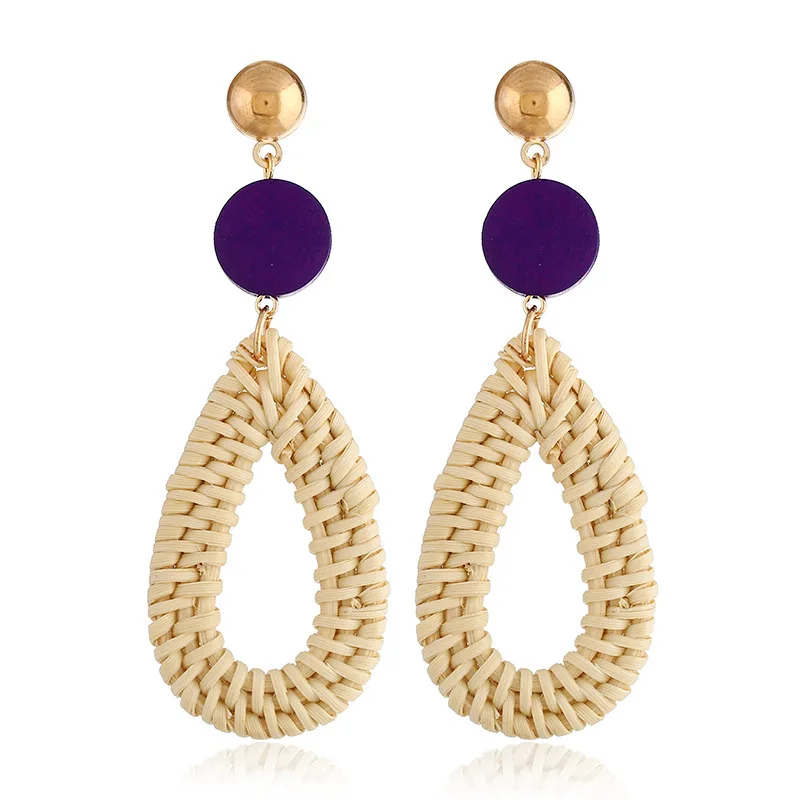 

High-quality Personality Drop-shaped Geometric Bamboo And Rattan Hand-woven Simple Wood Earrings, As show