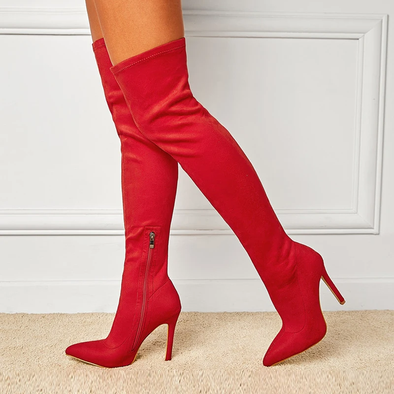 

Winter Fashion Red Pointed Toe Stiletto Heels Women Thigh High Boot Elegant Stretch Zipper Long Booties Shoes Size 35-42