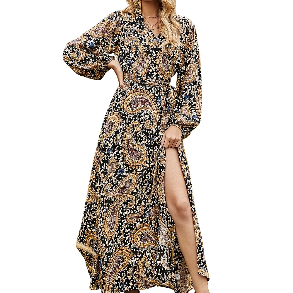 

2021 New European station women's wrap long dress V-neck long sleeve floral summer new mini casual dress