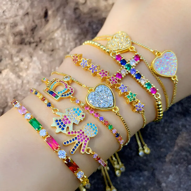 

European Exquisite Rainbow Jewelry Gold Filled Heart Charm Slide Bracelet Adjustable Colorful Cubic Zirconia Rainbow Bracelet