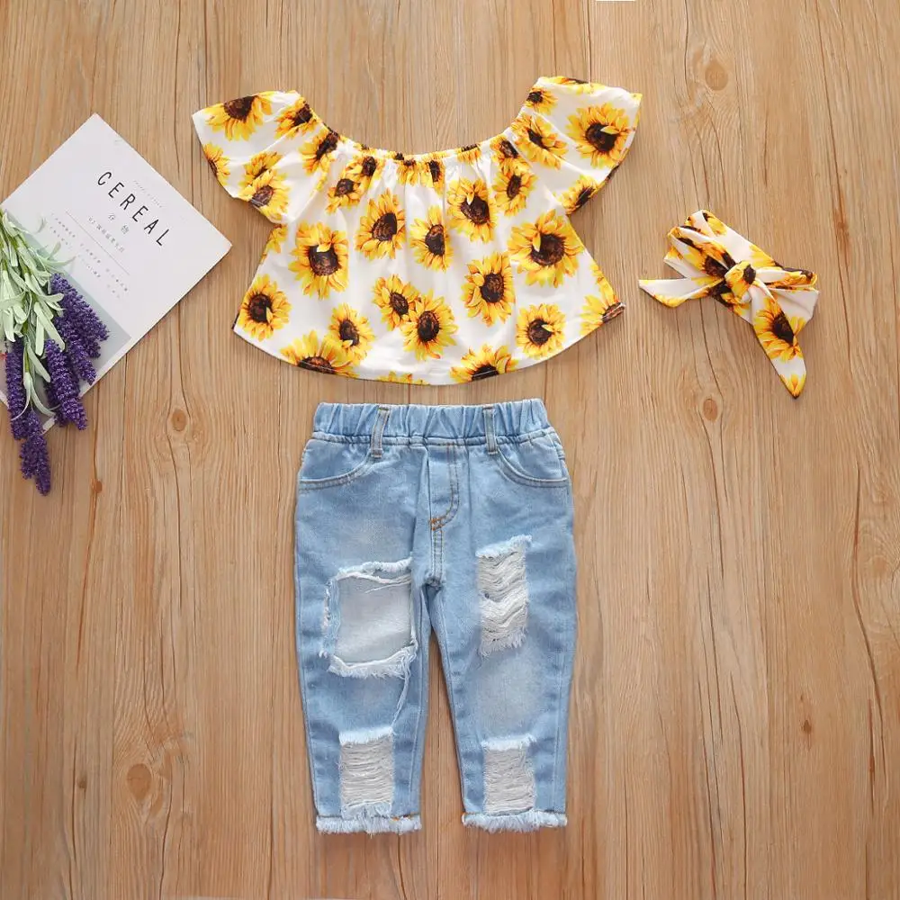 

Wholesale Girls Summer Off Shoulder Floral Top Shirts With Long Jeans Trousers Suit for Children 2pcs Clothes Set outfits, Picture show