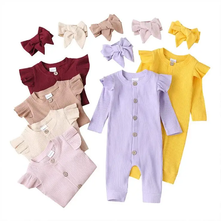 

Wholesale Ruffled Infant Clothing Long sleeve solid baby girls' rompers, cotton ribbed baby girls' bodysuit with free hairband, Various colors and patterns