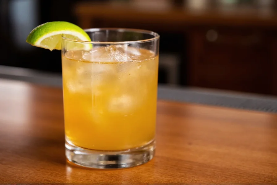 Classic Bourbon Ginger cocktail in a highball glass with lime wedge garnish on wooden bar