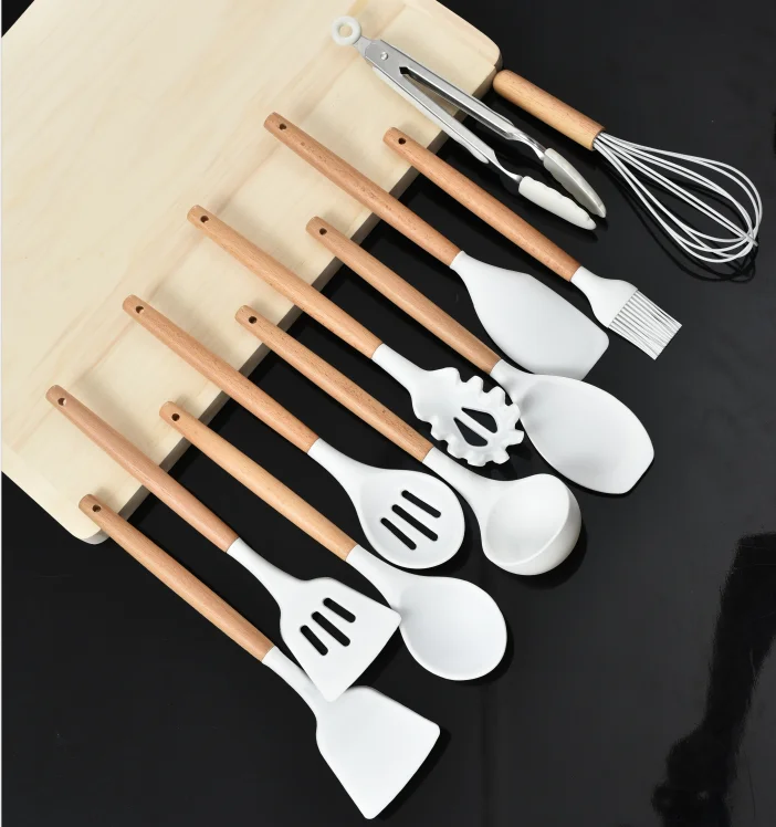 

12PCS kitchen cooking utensil set white silicone kitchenware set with wooden handle