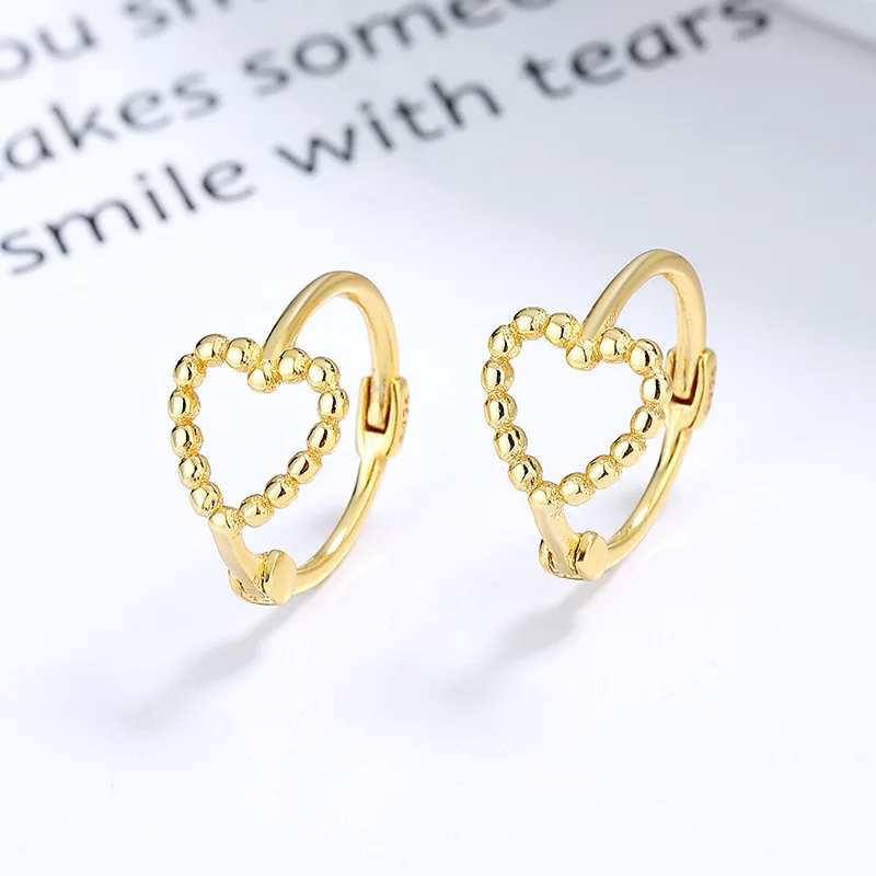 

fashion minimalist jewelry 925 sterling silver simple hollow bead shape love heart gold plated hoop earrings for women