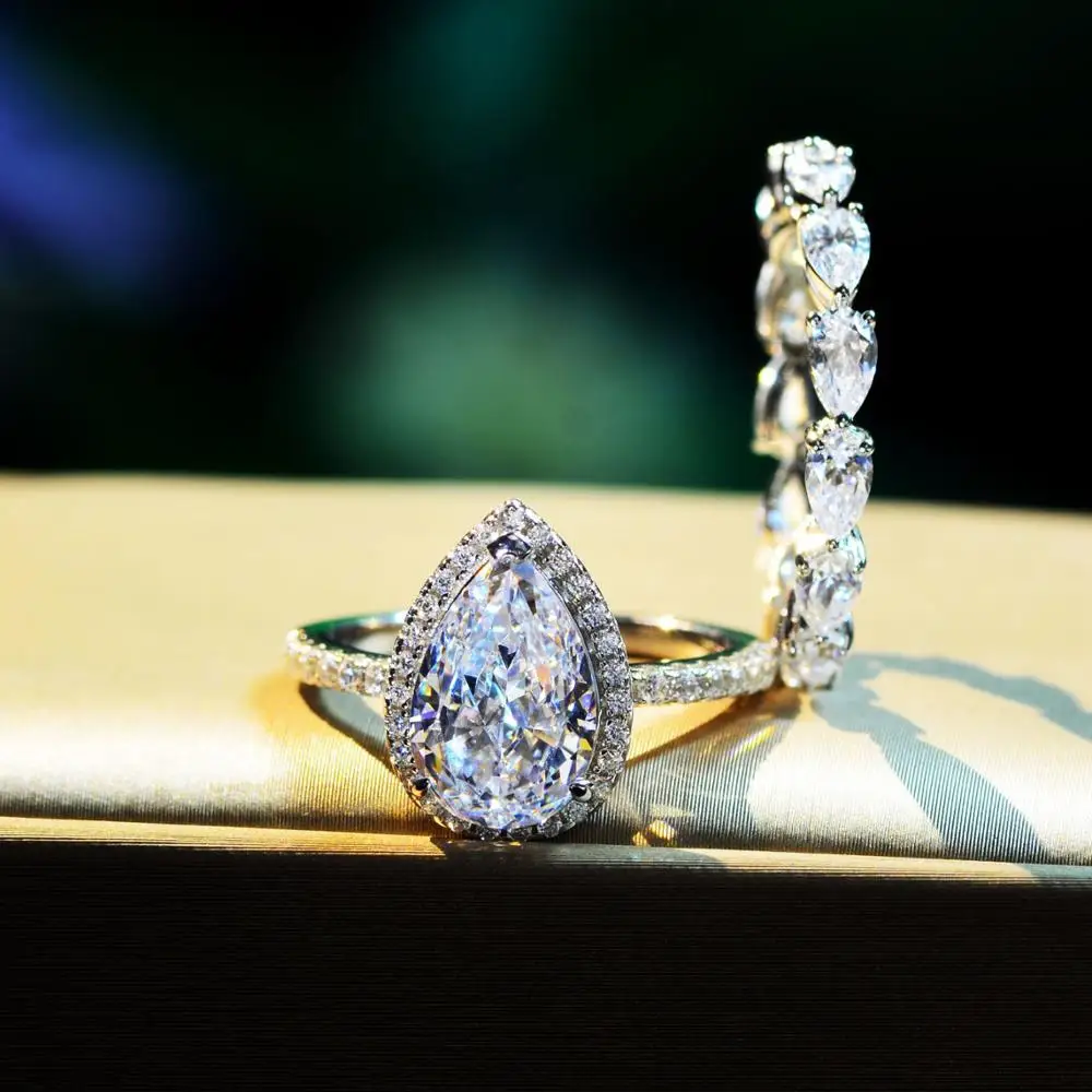 

Dropshopping 2020 Jewelry Engagement Ring Pear Shape 925 Sterling Silver 7 Carat Cubic Zirconia Wedding Ring Set Women
