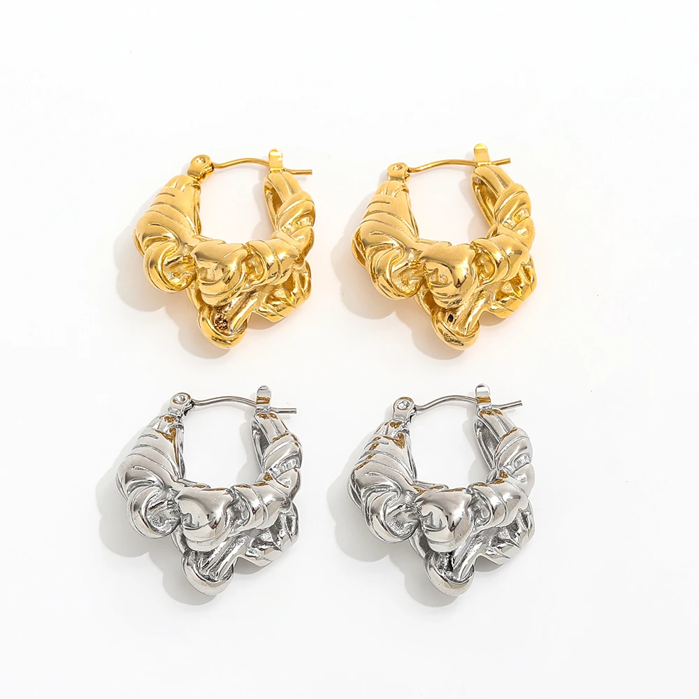 JOOLIM High End 18K Gold Plated Vintage Stainless Steel Chunky Hoop Earrings Geometric Lines Cross Knot Irregular Surface Gift