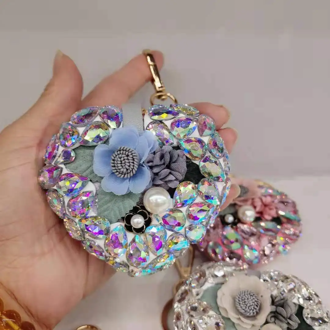 

Portable Multifunction Make Up Mirror For Girls Diamond Flowers Jeweled Mini Pocket Mirror Key Chain Mirror, White, pink, brown, dream colors