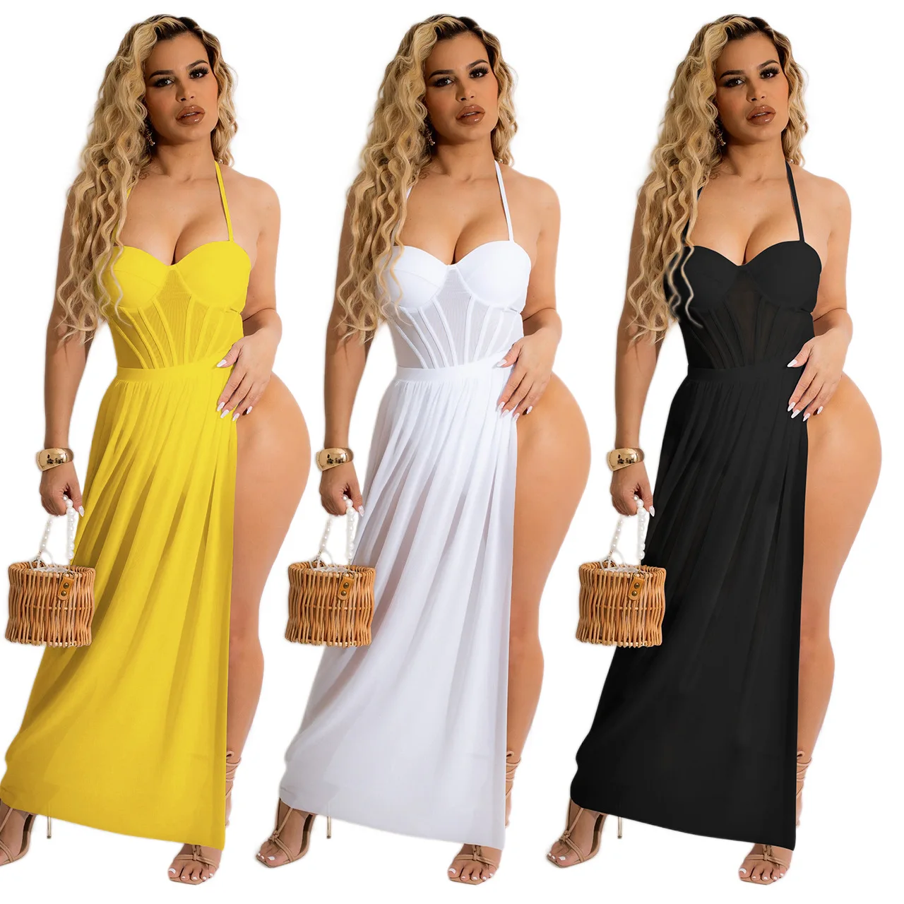 

2022 new arrival stylish holiday halter backless casual dress one piece swimsuit split chiffon sexy dresses women clothing, Picture shows