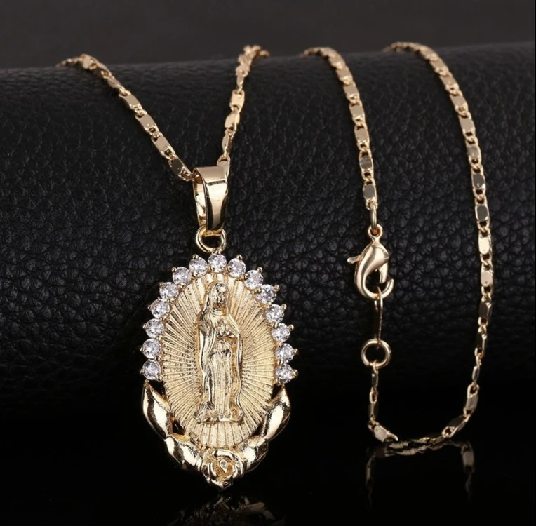 

Classic Christian Necklace Jewelry Women Gold Rhinestone Religion Virgin Mary Necklace, Gold color