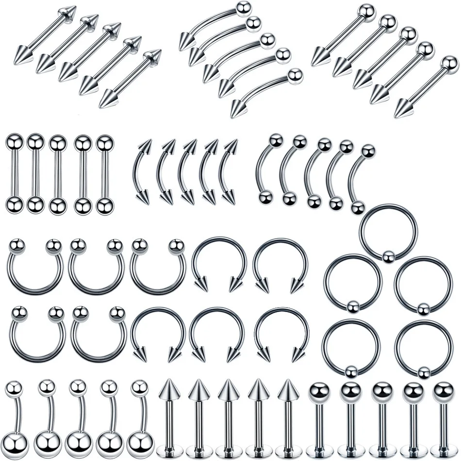 

60pcs/Set Stainless Steel Segment Ring Mixed Nose Lip Eyebrow Tongue Ring Captive Bead Ring Body Piercing Jewelry For Men Women, Sliver