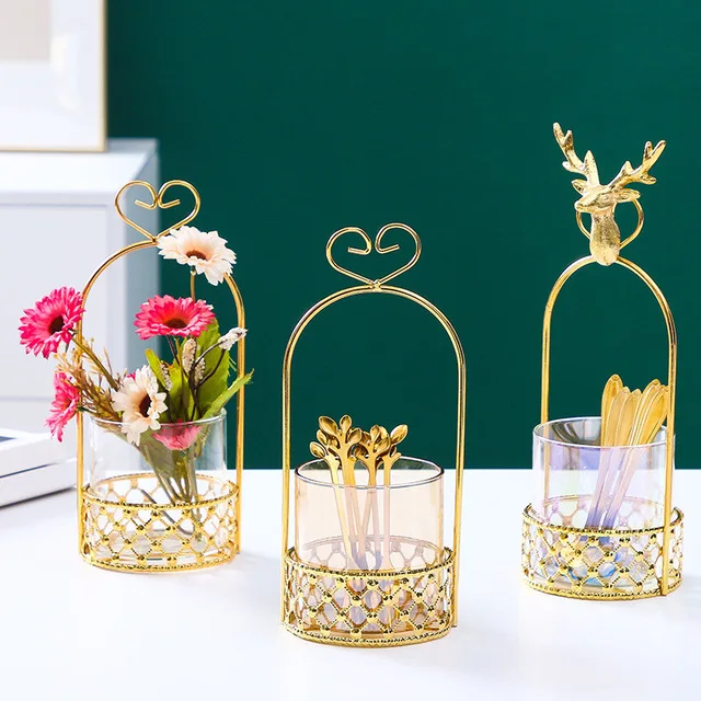 

Nordic wrought iron colorful glass basket metal cutlery storage basket household fruit fork jar, Grey