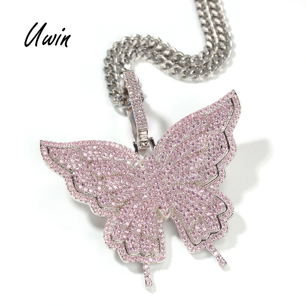 

New Arrival Iced Out 3D Butterfly Pink CZ Pendant Tennis Chain Cuban Chain Necklace Rapper Jewelry