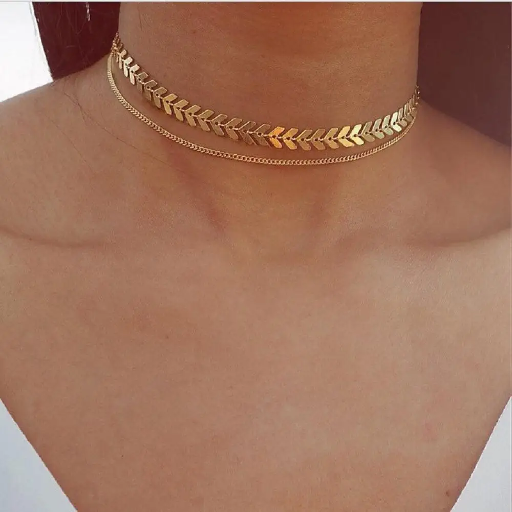 

Multi Arrow Choker Necklace Women Two Layers Necklaces Gold Color Fish bone Airplane Necklace Flat Chain Choker On Neck Jewelry, Silver