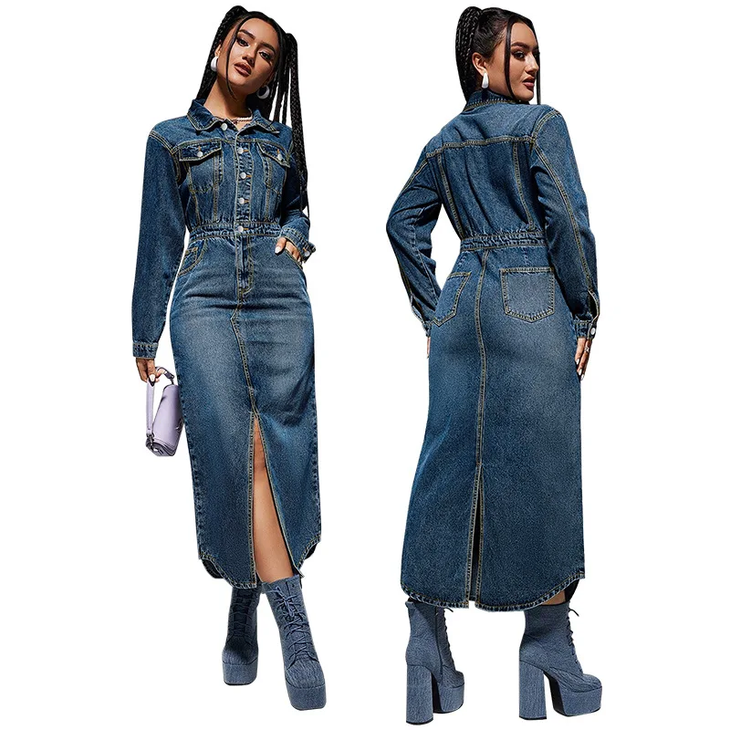 Y218621 Trendy Plus Size Denim Dresses Women Casual Turn-down Collar Long Sleeve Slit Long Dress Women Jeans Dresses for Ladies