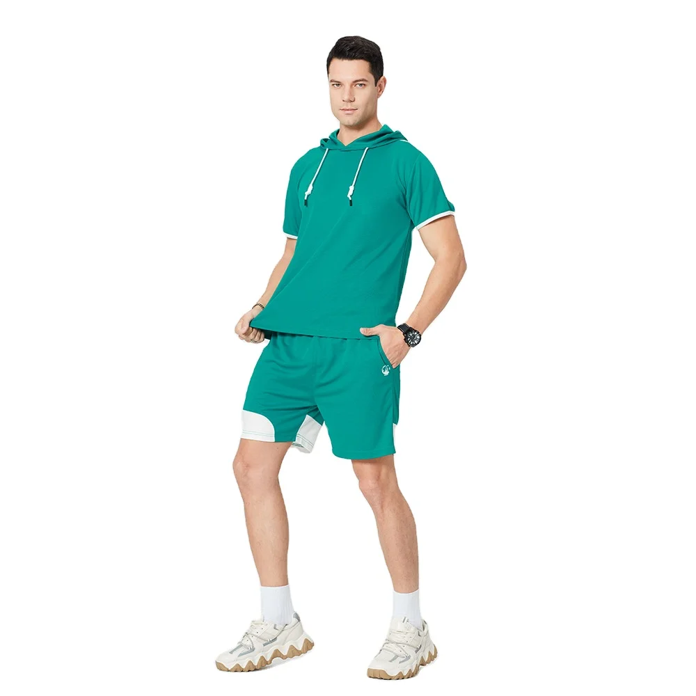 

New Fashion Polyester Sport Wear men gym short set tracksuit 2 piece mens shorts tracksuit, White/green/blue