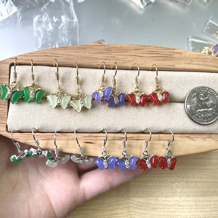 

2021 Hot Sale Butterfly Drop Earrings For Women Natural Stone Red Lavender Green Jade Butterfly Earrings Jewelry, Green,lavender, red, light green