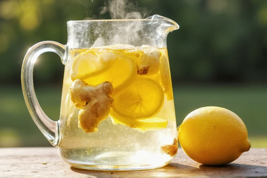 Fresh ginger root and lemon slices steeping in glass pitcher of water with steam rising
