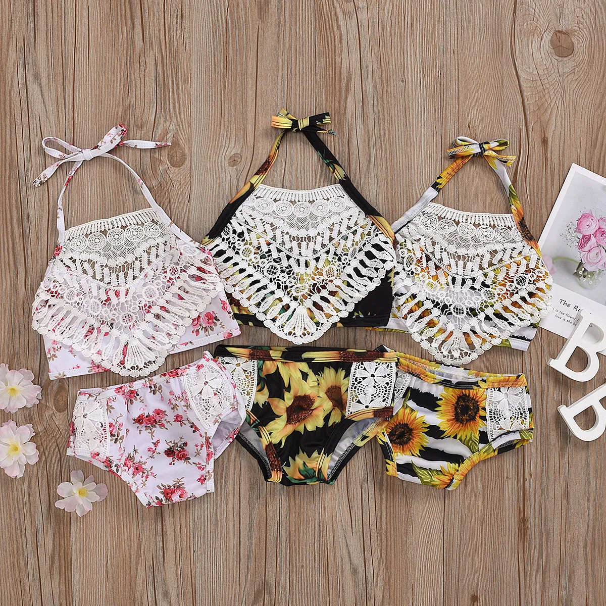 

Swimming Toddler Girls Floral Tassel Tops+sunflower Swimsuit Bikini Shorts Outfits Baby Girl Clothes set Swimwear For Kids, As picture