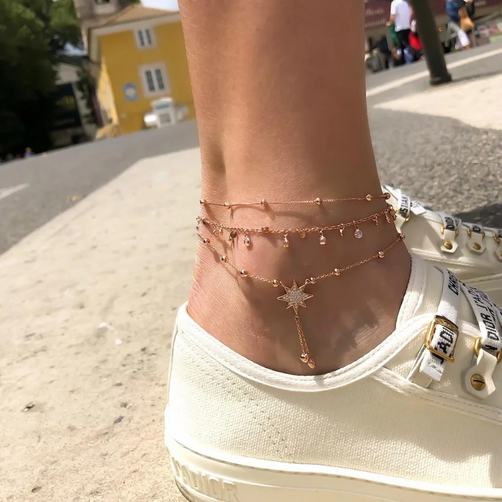 

HOVANCI Summer Beach Foot Jewelry Barefoot Beads Leg Chain Anklets Bracelet Multilayer Crystal Star Anklet, Gold