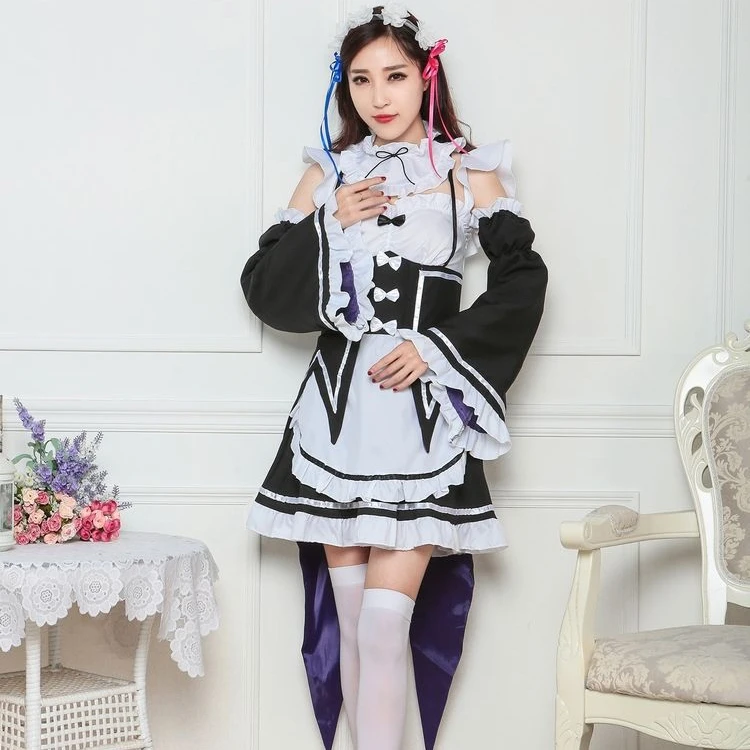 

Coldker 2021 Ram/Rem Cosplay Re:zero Kara Hajimeru Isekai Seikatsu black blue red Costume Maid Servant Dress, Picture