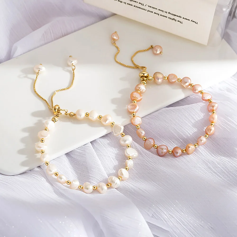 

Pulsera De Perlas Women Adjustable 14K Gold Plated White Pink Natural Baroque Rose Gold Pearl Bracelet