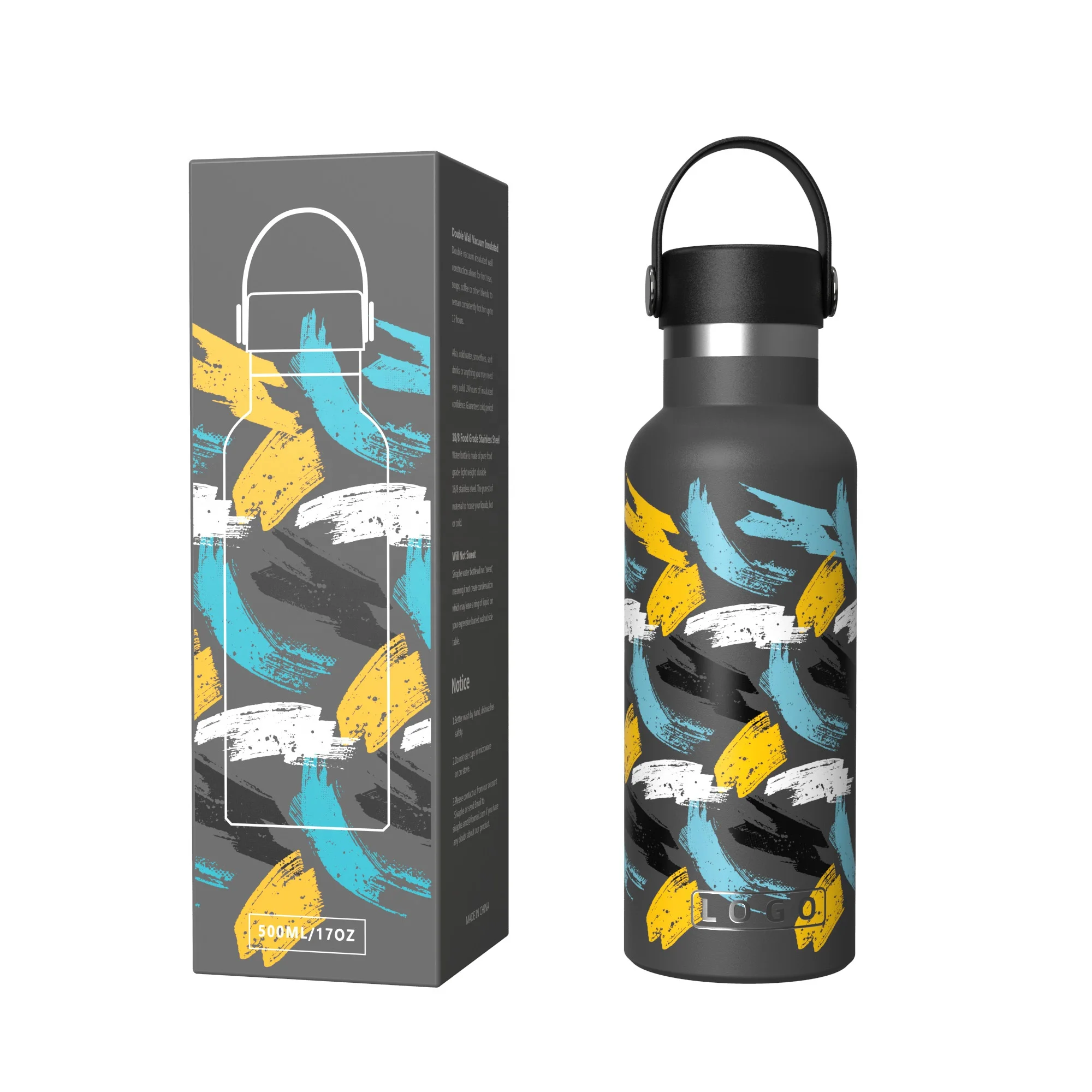 

Stainless Steel Water Bottle 17oz Double Wall Vacuum Metal Insulated Water Bottle with BPA Free