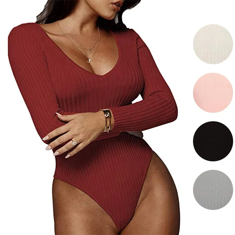 

Wholesale women bodysuits for women long sleeve bodysuits knit blank bodysuit tops, Pink,black,can be customized