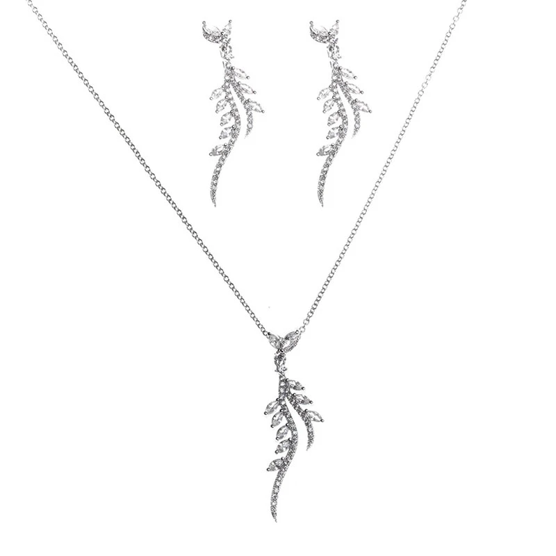 

Jachon Sparkly Leaf Shaped Rhinestone S925 Silver Stud Drop Earring Tassel Zircon Pendant Necklace Women Jewelry Set