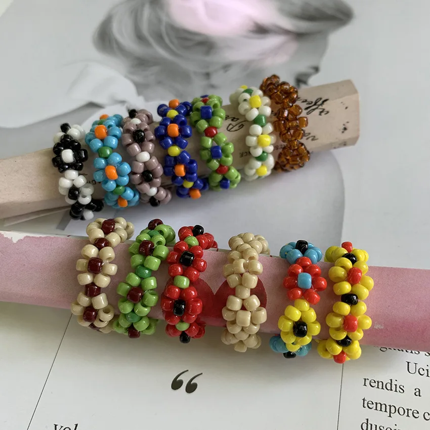 

Wholesale Beads Rings Flower Glass Beaded INS Ring Handmade Multicolors Korean Jewelry Vintage Finger Ring Y2K Accessories, Multi
