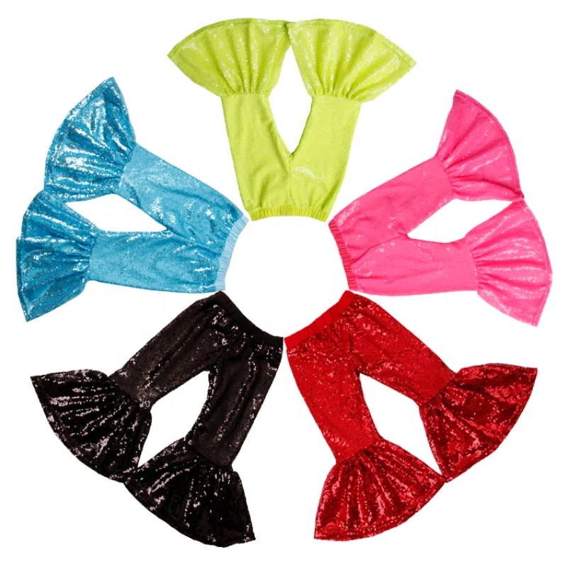 

Fashionable Multi Color Kids Girls Party Trousers Sparkly Black Sequin Long Bell Bottom Pants, Picture