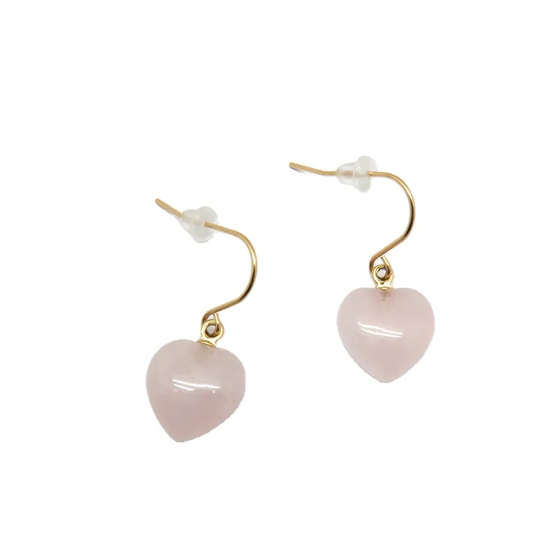 

Stainless steel jewelry gold plated minimalist pink stone heart rose quartz earrings, 18k gold plated