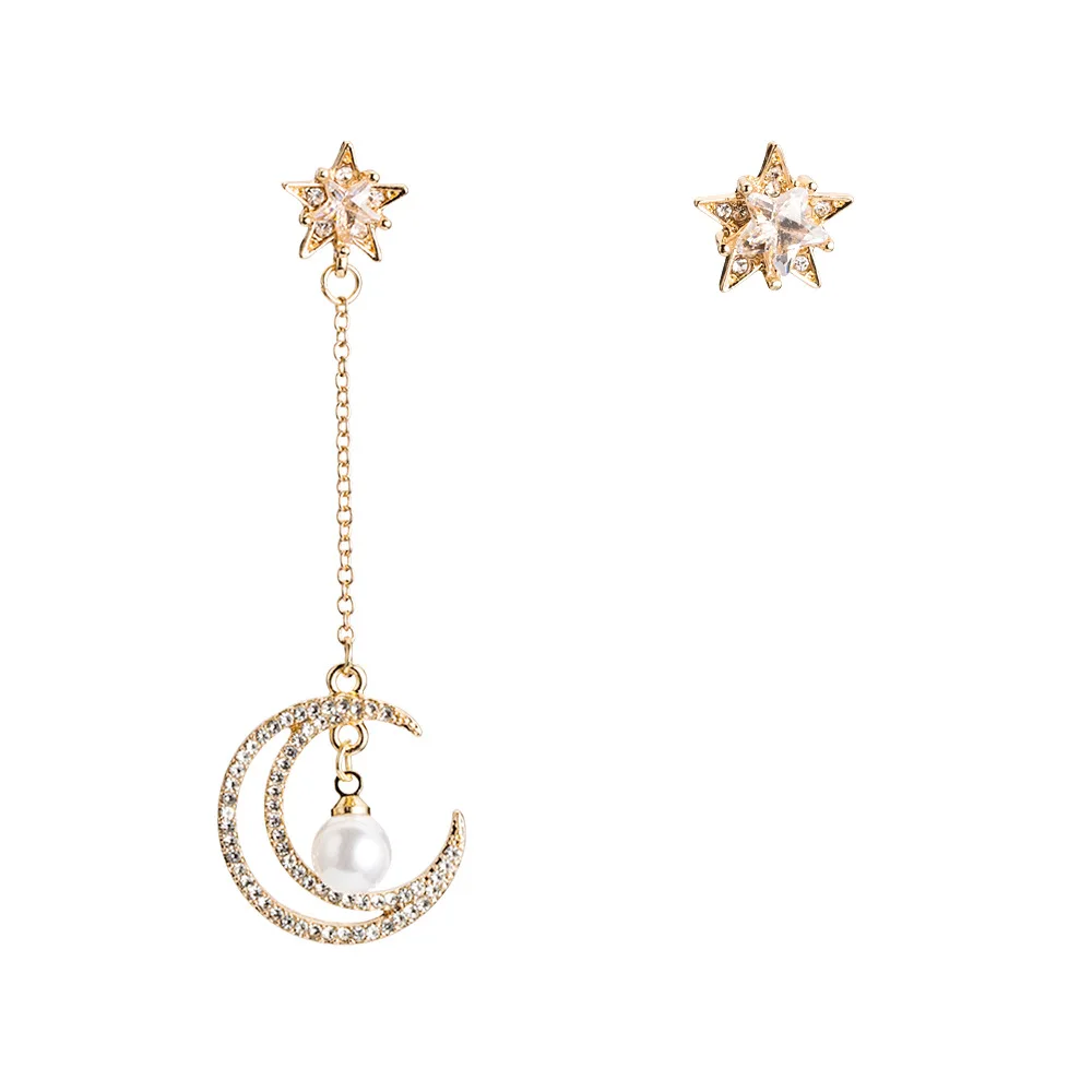 

Korean Style Long Gold Chain Diamond Moon and Star Earrings Asymmetric Crystal Star Moon Earrings with Pearl