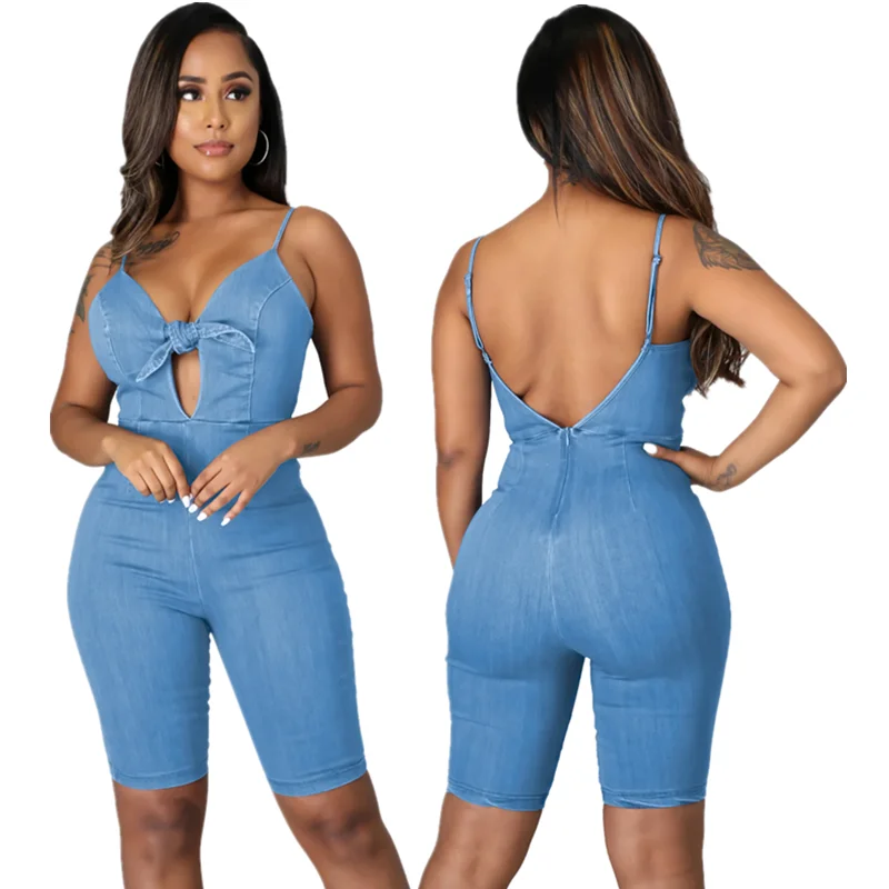 

Summer High Elasticity Sleeveless Solid Color Women's Jeans Jumpsuit With Bow Straps, As picture